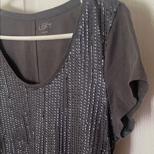 LOFT gray and blue Short-Sleeve Sequin Scoop Neck Top excellent preowned cond